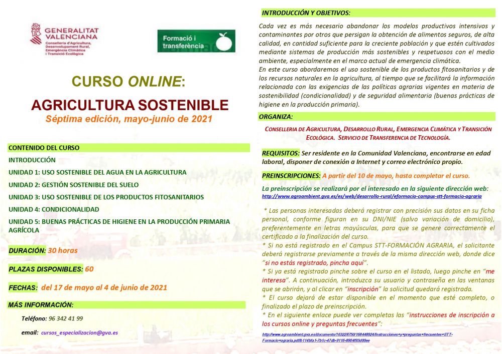  CURSO GVA - AGRICULTURA SOSTENIBLE 7ª edición (Del 17 de mayo al 4 de junio)